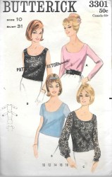 3301 BUTTERICK 1965 EASY BLOUSE 4 VERSIONS SLEEVES OR NOT PATTERN 12 32B